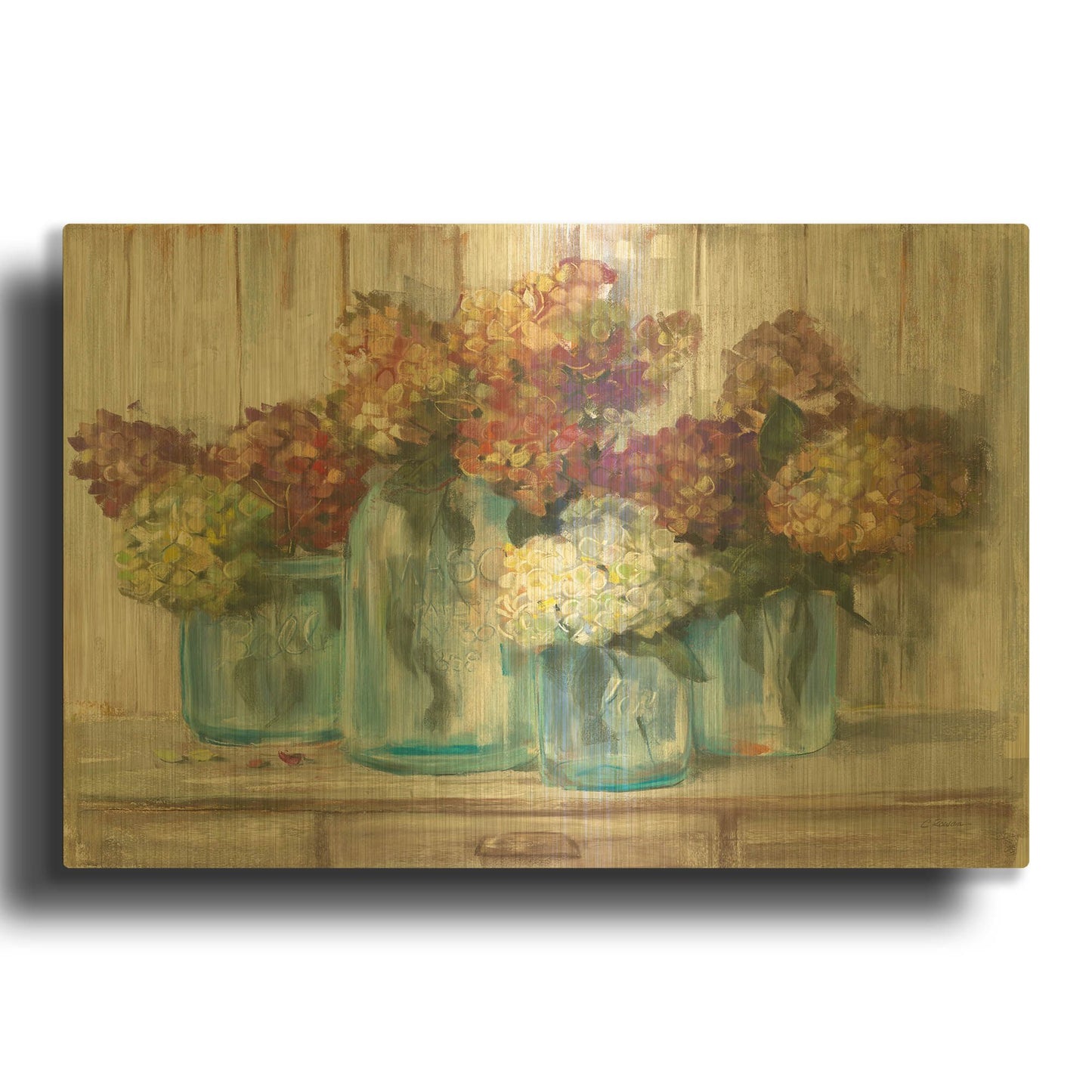 'Hydrangeas In Glass Jars White Wood' By Carol Rowan Gold Metal Wall Art
