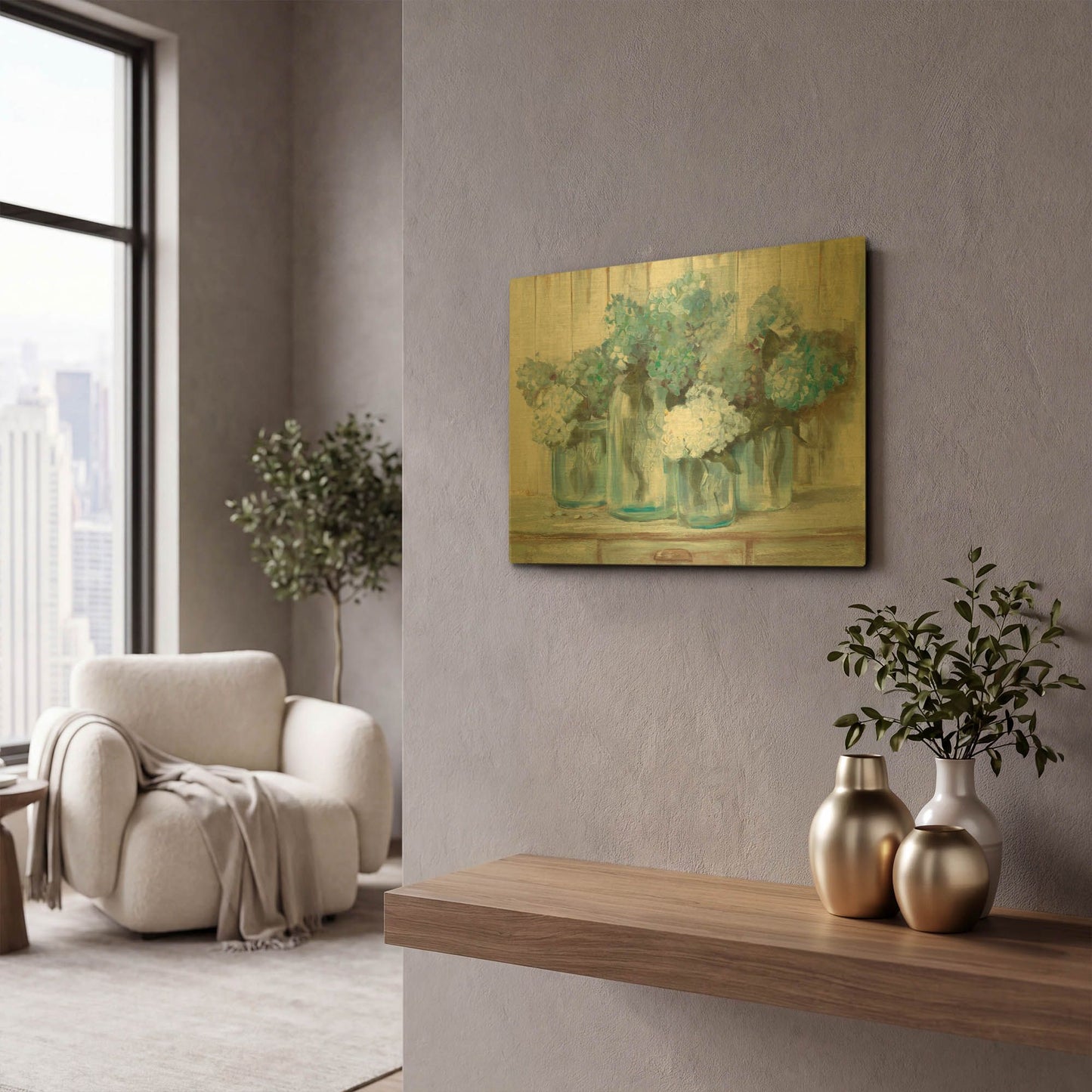 'Hydrangeas In Glass Jars Blue' By Carol Rowan Gold Metal Wall Art
