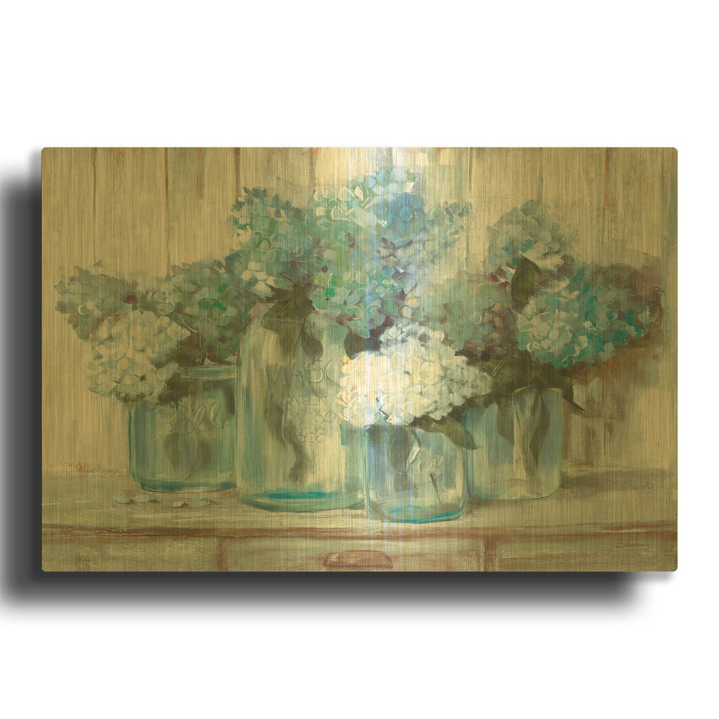 'Hydrangeas In Glass Jars Blue' By Carol Rowan Gold Metal Wall Art