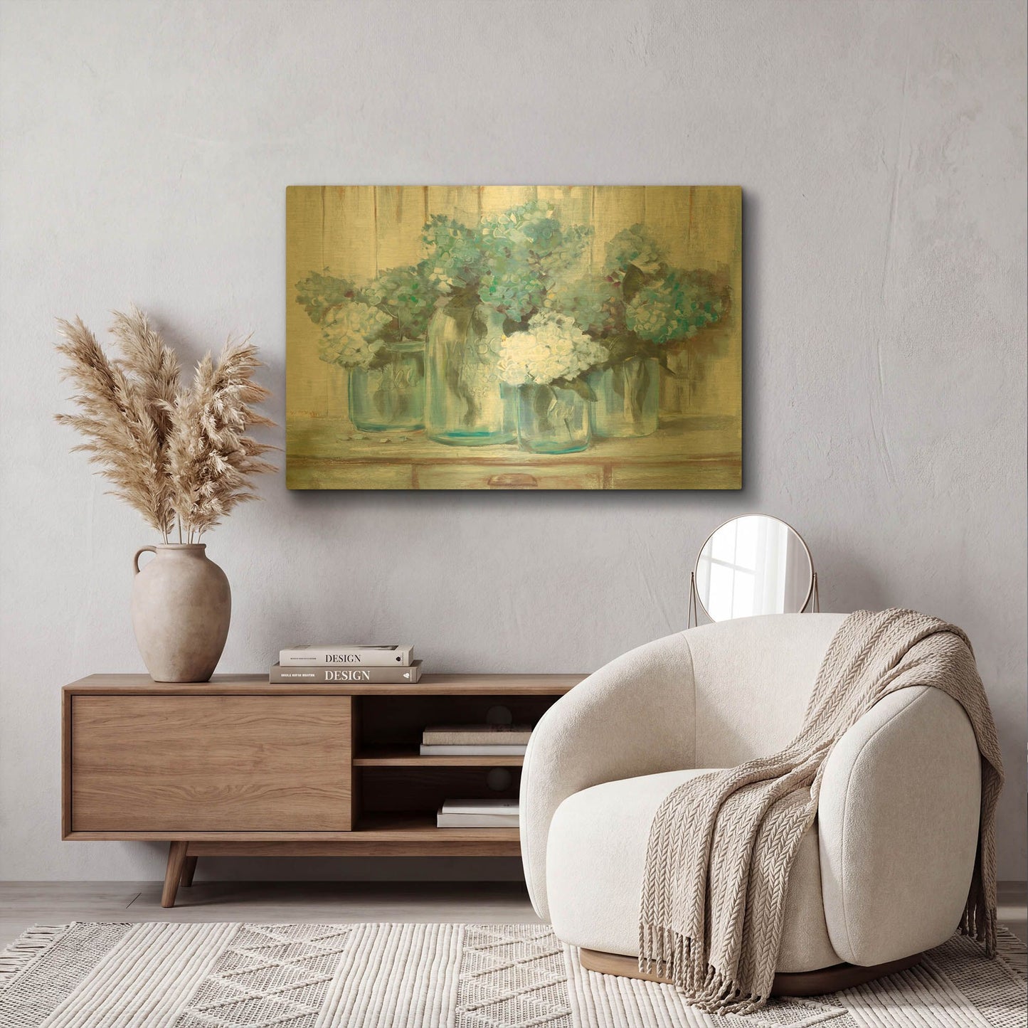 'Hydrangeas In Glass Jars Blue' By Carol Rowan Gold Metal Wall Art