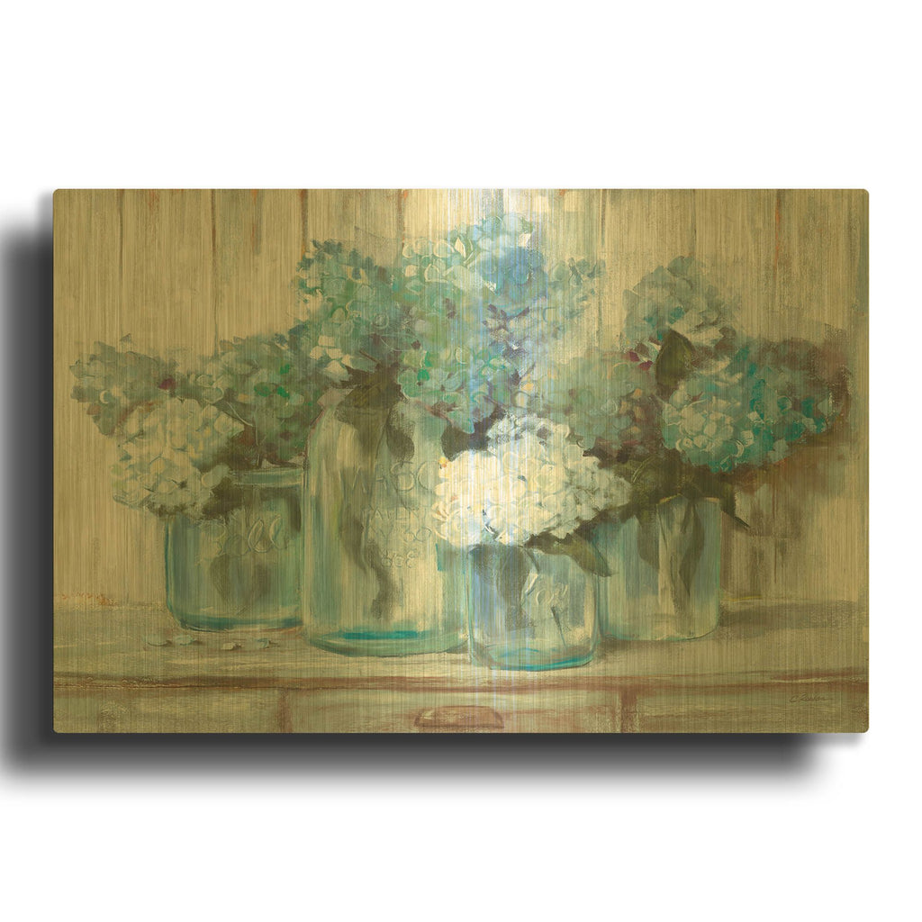 'Hydrangeas In Glass Jars Blue' By Carol Rowan Gold Metal Wall Art