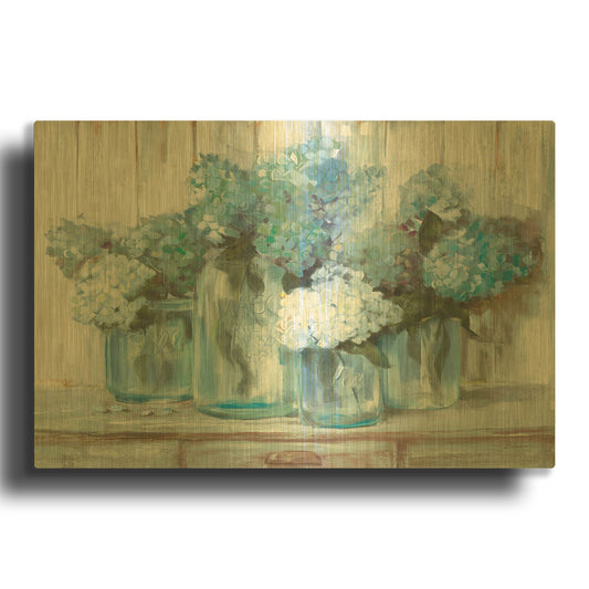 'Hydrangeas In Glass Jars Blue' By Carol Rowan Gold Metal Wall Art