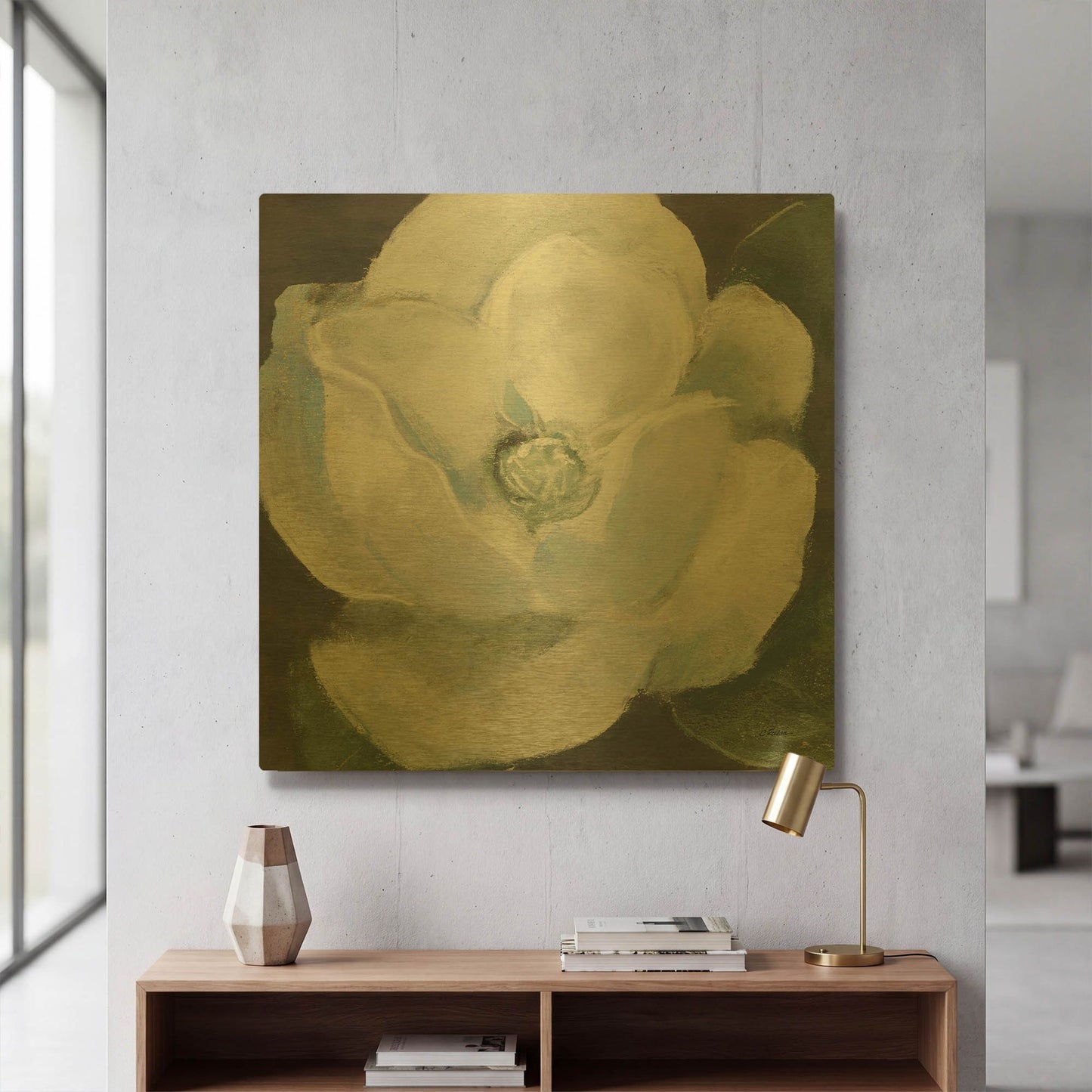 'Magnolia II Sage' By Carol Rowan Gold Metal Wall Art