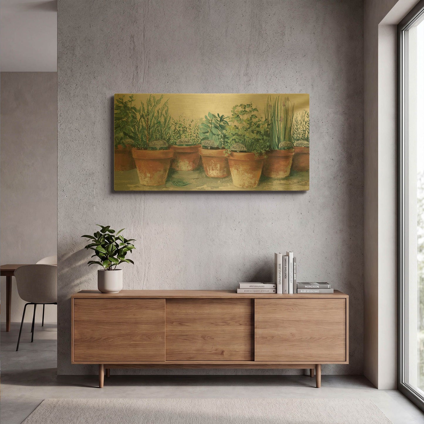 'Pots Of Herbs II Cottage' By Carol Rowan Gold Metal Wall Art