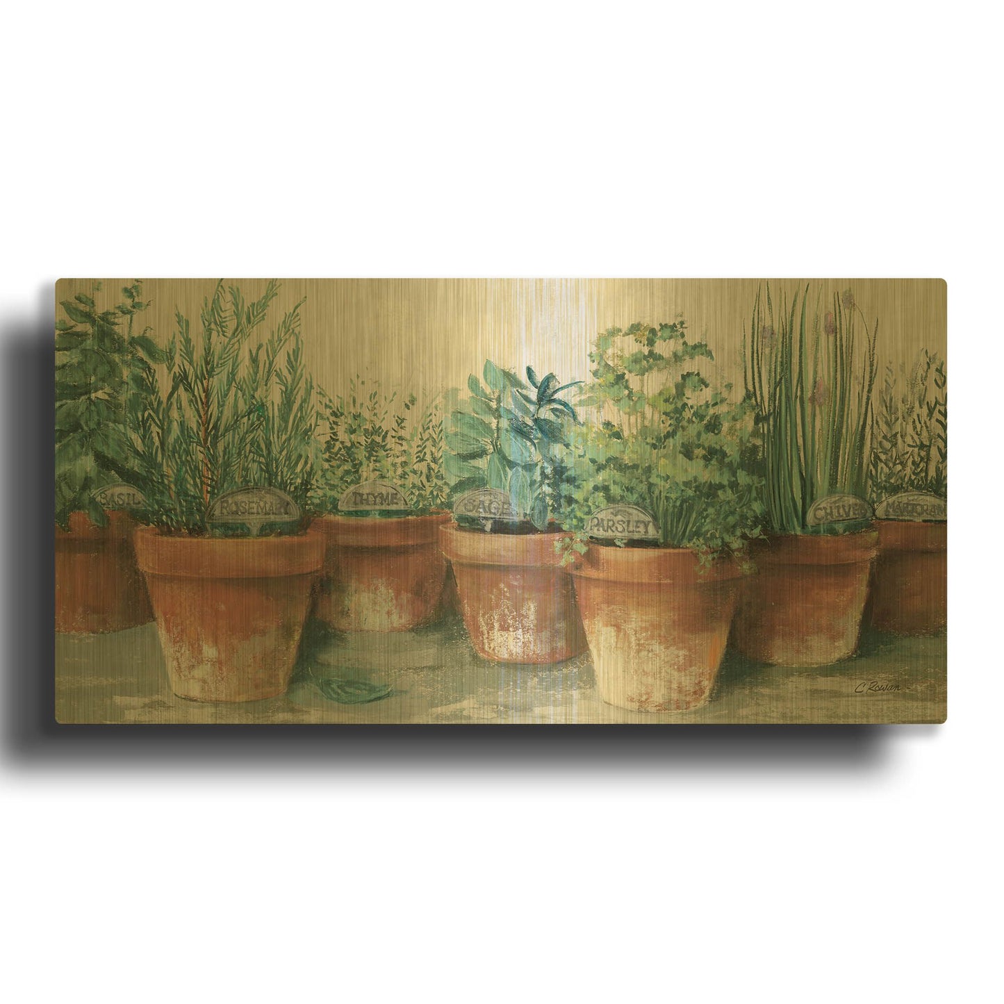 'Pots Of Herbs II Cottage' By Carol Rowan Gold Metal Wall Art