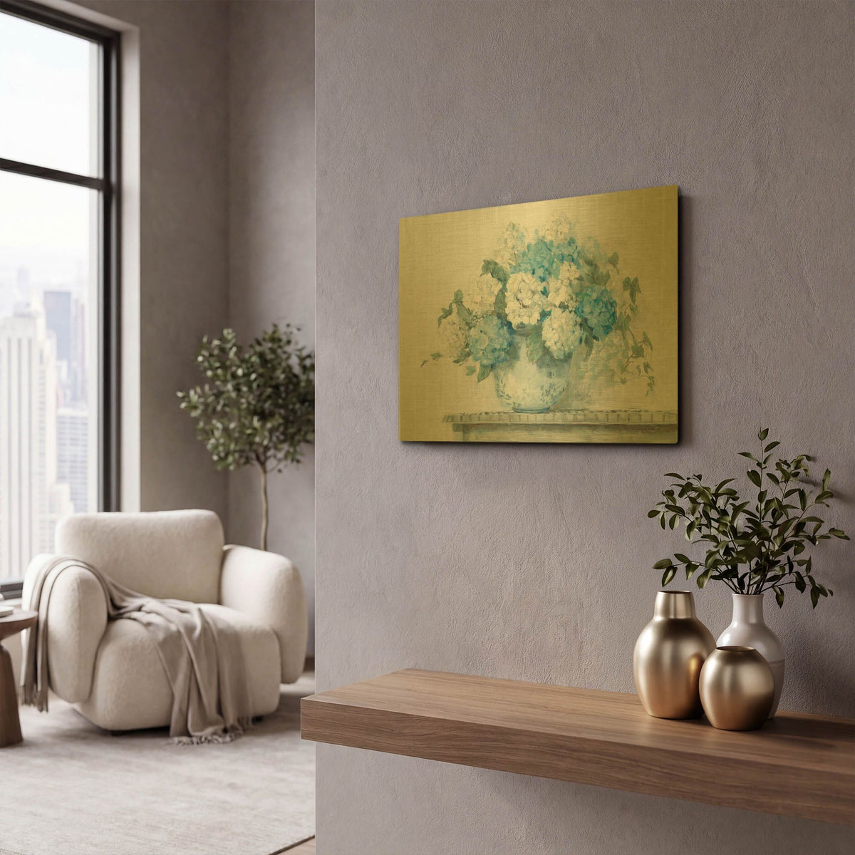 'Blue Hydrangea Cottage Crop' By Carol Rowan Gold Metal Wall Art
