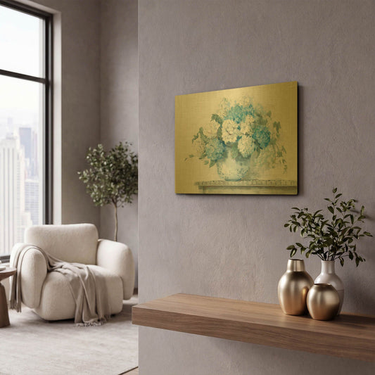 'Blue Hydrangea Cottage Crop' By Carol Rowan Gold Metal Wall Art
