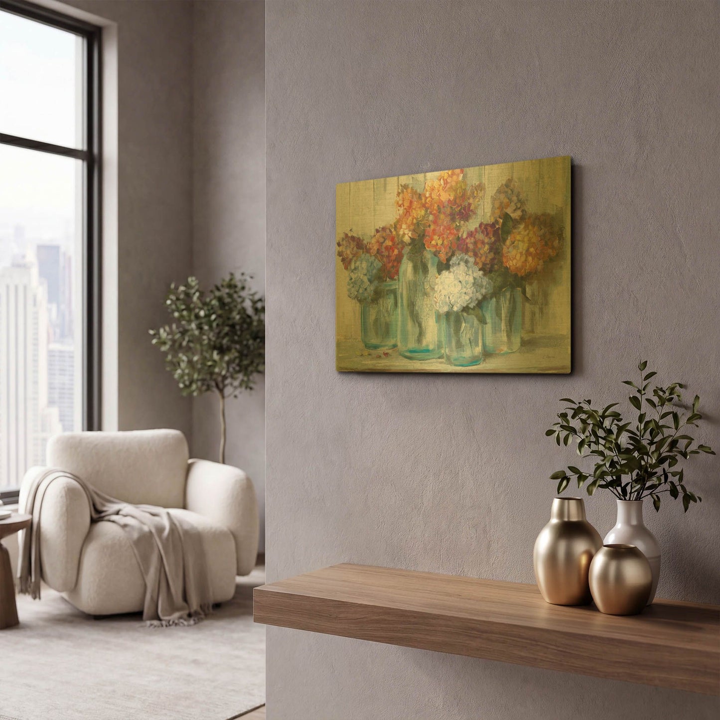 'Fall Hydrangeas In Glass Jar Crop' By Carol Rowan Gold Metal Wall Art