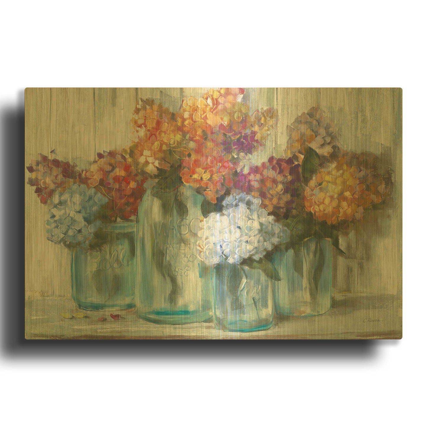 'Fall Hydrangeas In Glass Jar Crop' By Carol Rowan Gold Metal Wall Art