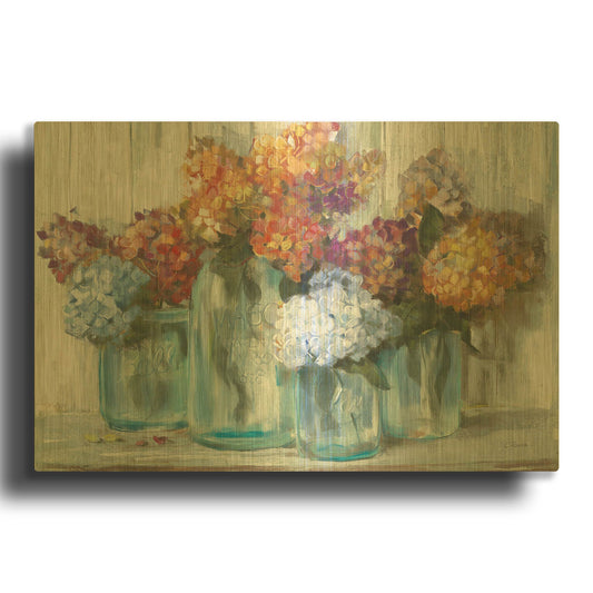 'Fall Hydrangeas In Glass Jar Crop' By Carol Rowan Gold Metal Wall Art