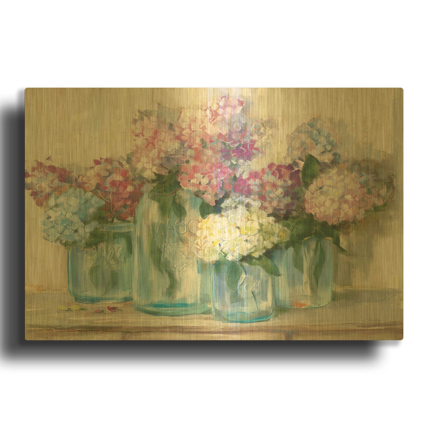 'Hydrangeas In Glass Jar Pastel Crop' By Carol Rowan Gold Metal Wall Art