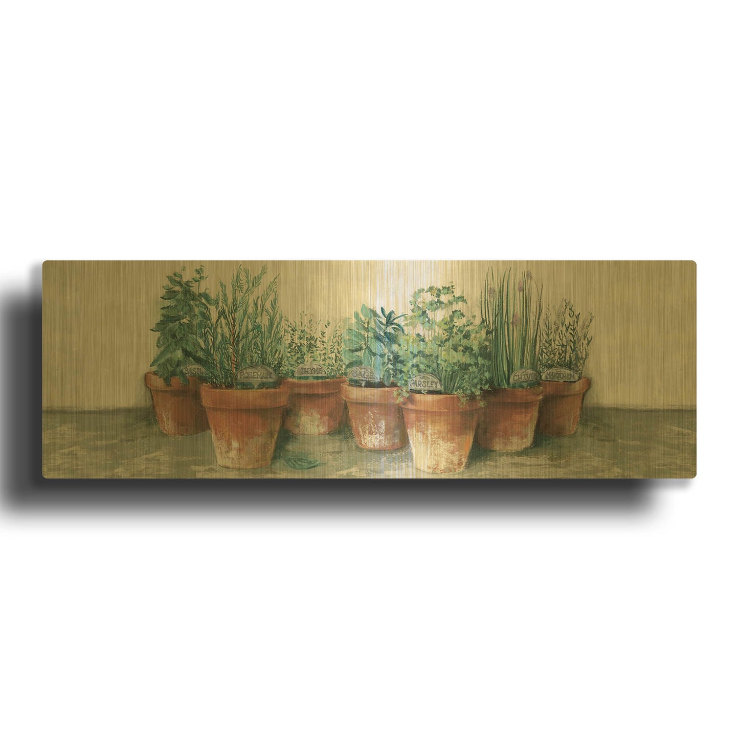'Pots Of Herbs II Cottage V2' By Carol Rowan Gold Metal Wall Art