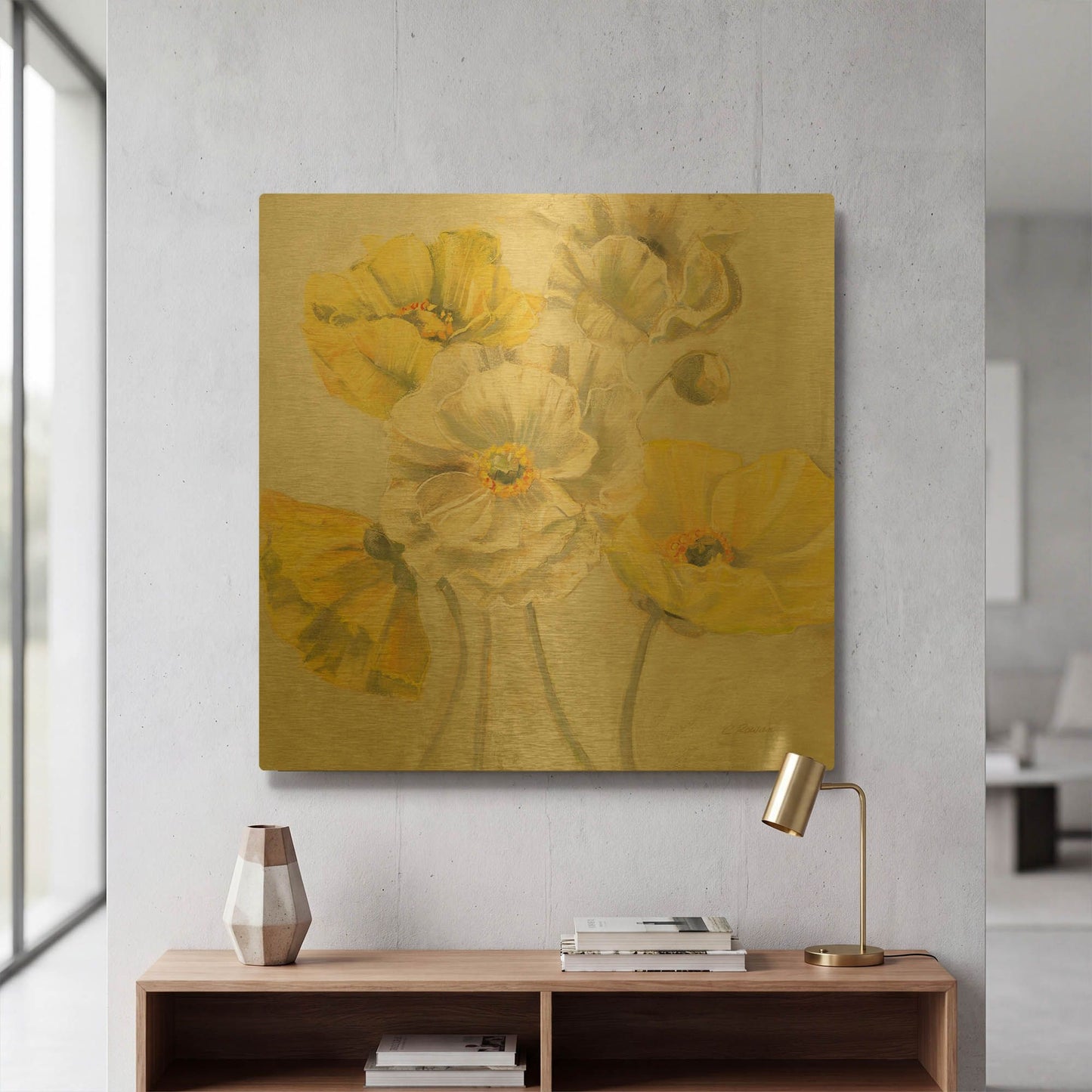 'Gold And White Contemporary Poppies Neutral' By Carol Rowan Gold Metal Wall Art