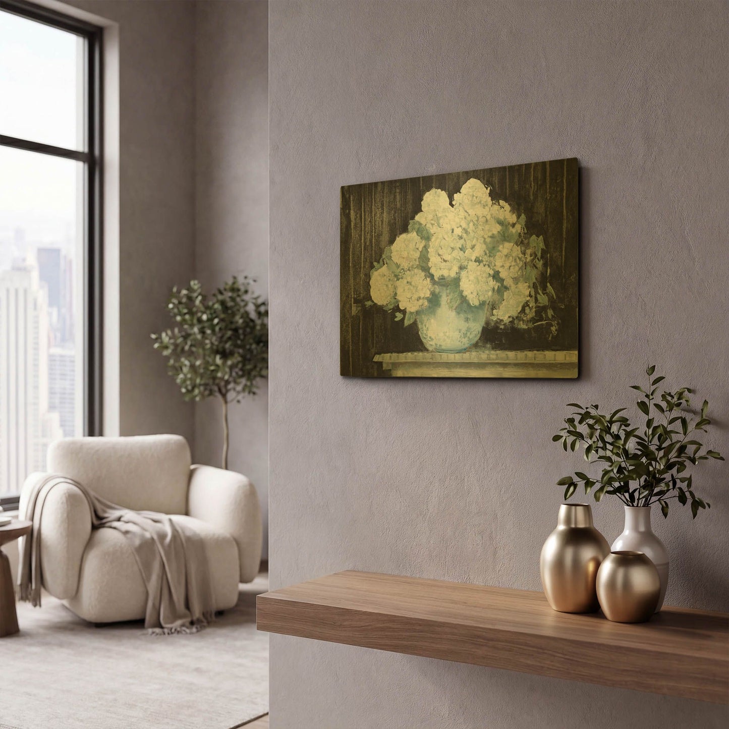 'White Hydrangea On Black Crop' By Carol Rowan Gold Metal Wall Art