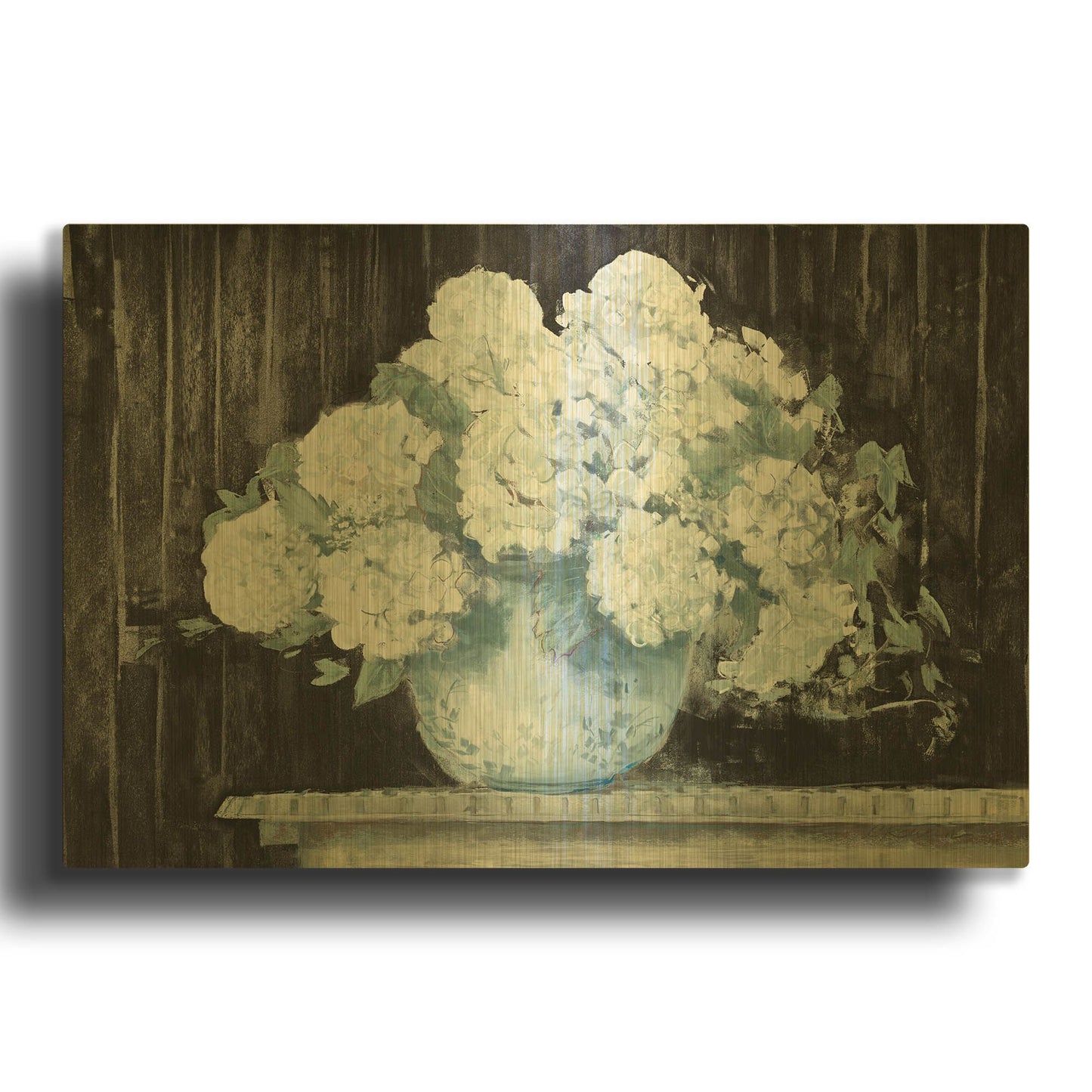 'White Hydrangea On Black Crop' By Carol Rowan Gold Metal Wall Art
