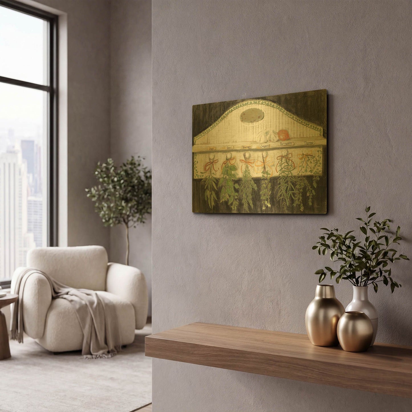 'Herbs On Pegs Black' By Carol Rowan Gold Metal Wall Art