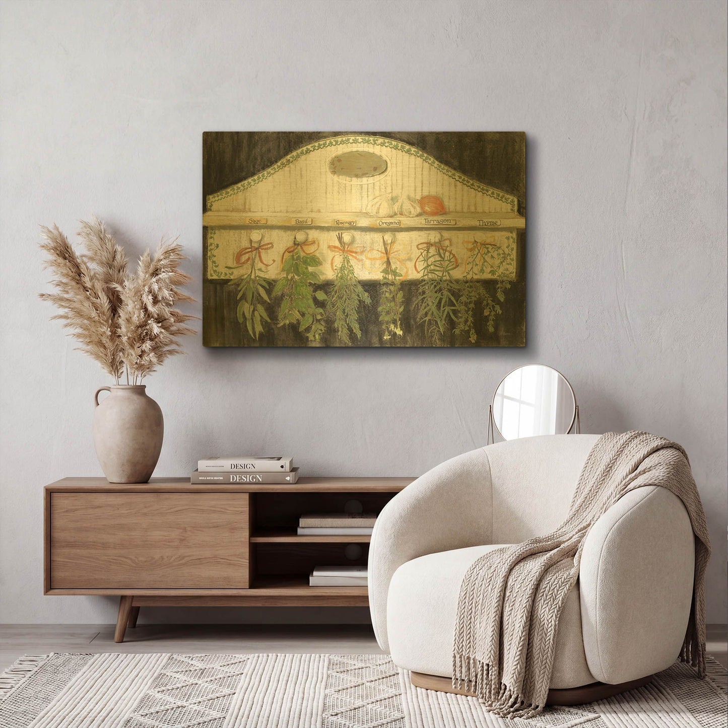 'Herbs On Pegs Black' By Carol Rowan Gold Metal Wall Art