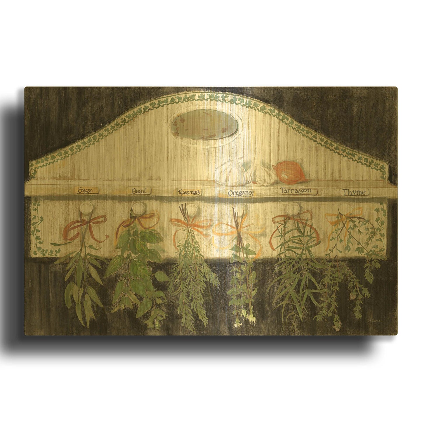 'Herbs On Pegs Black' By Carol Rowan Gold Metal Wall Art