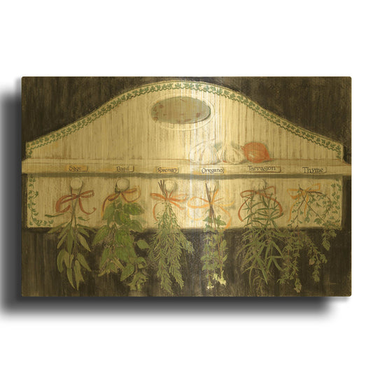 'Herbs On Pegs Black' By Carol Rowan Gold Metal Wall Art