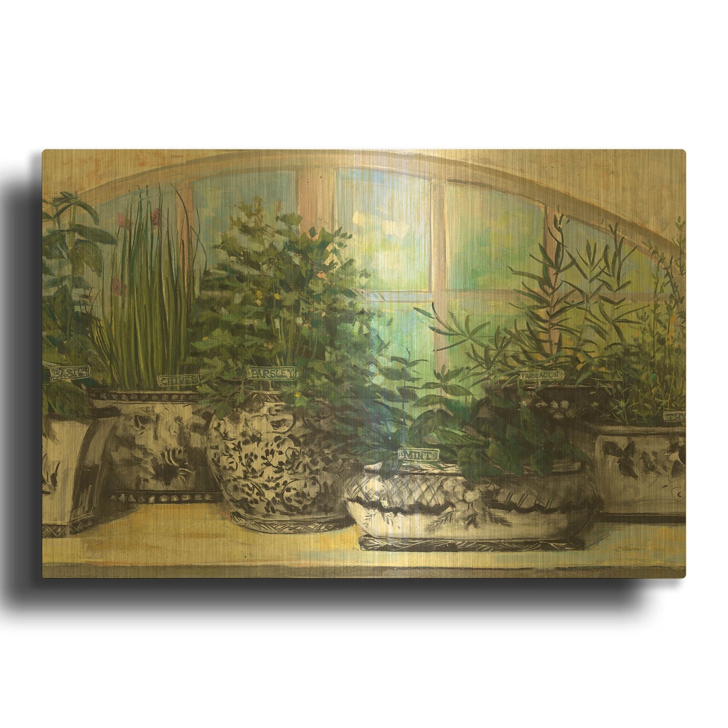 'Windowsill Herbs Bw Vases Crop' By Carol Rowan Gold Metal Wall Art