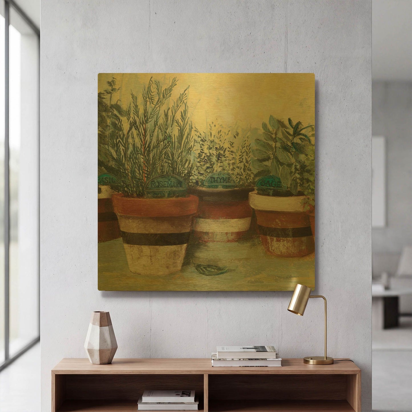 'Potted Herbs II Stripes Crop' By Carol Rowan Gold Metal Wall Art