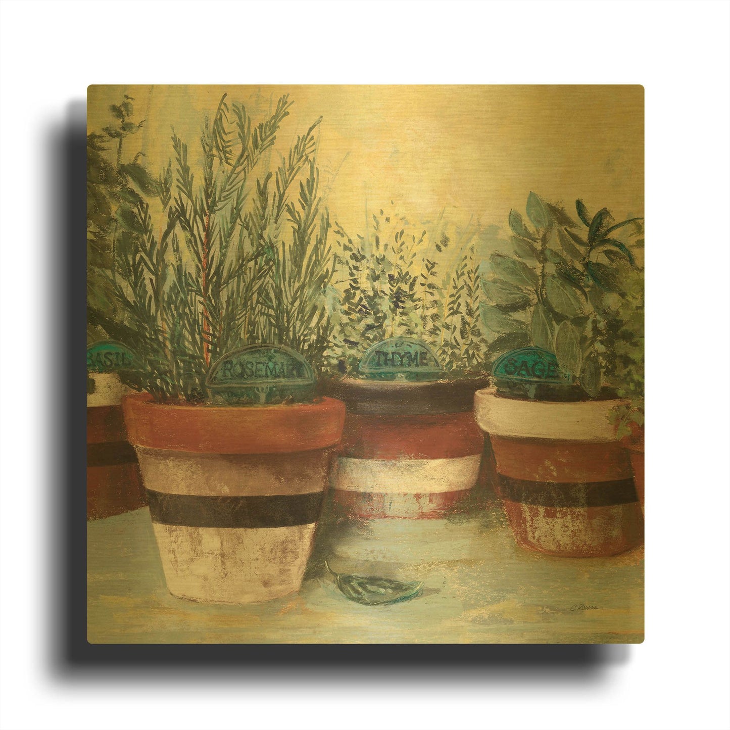 'Potted Herbs II Stripes Crop' By Carol Rowan Gold Metal Wall Art