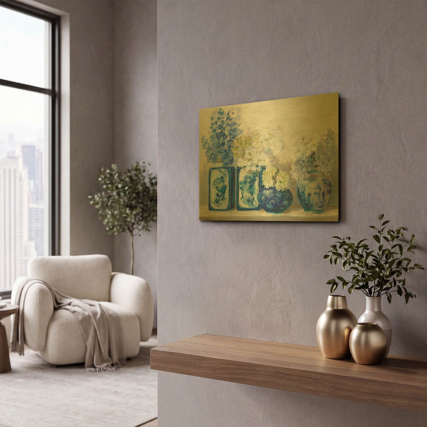 'Ladys Mantle On Shiplap' By Carol Rowan Gold Metal Wall Art