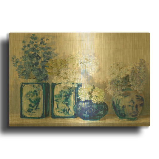 'Ladys Mantle On Shiplap' By Carol Rowan Gold Metal Wall Art