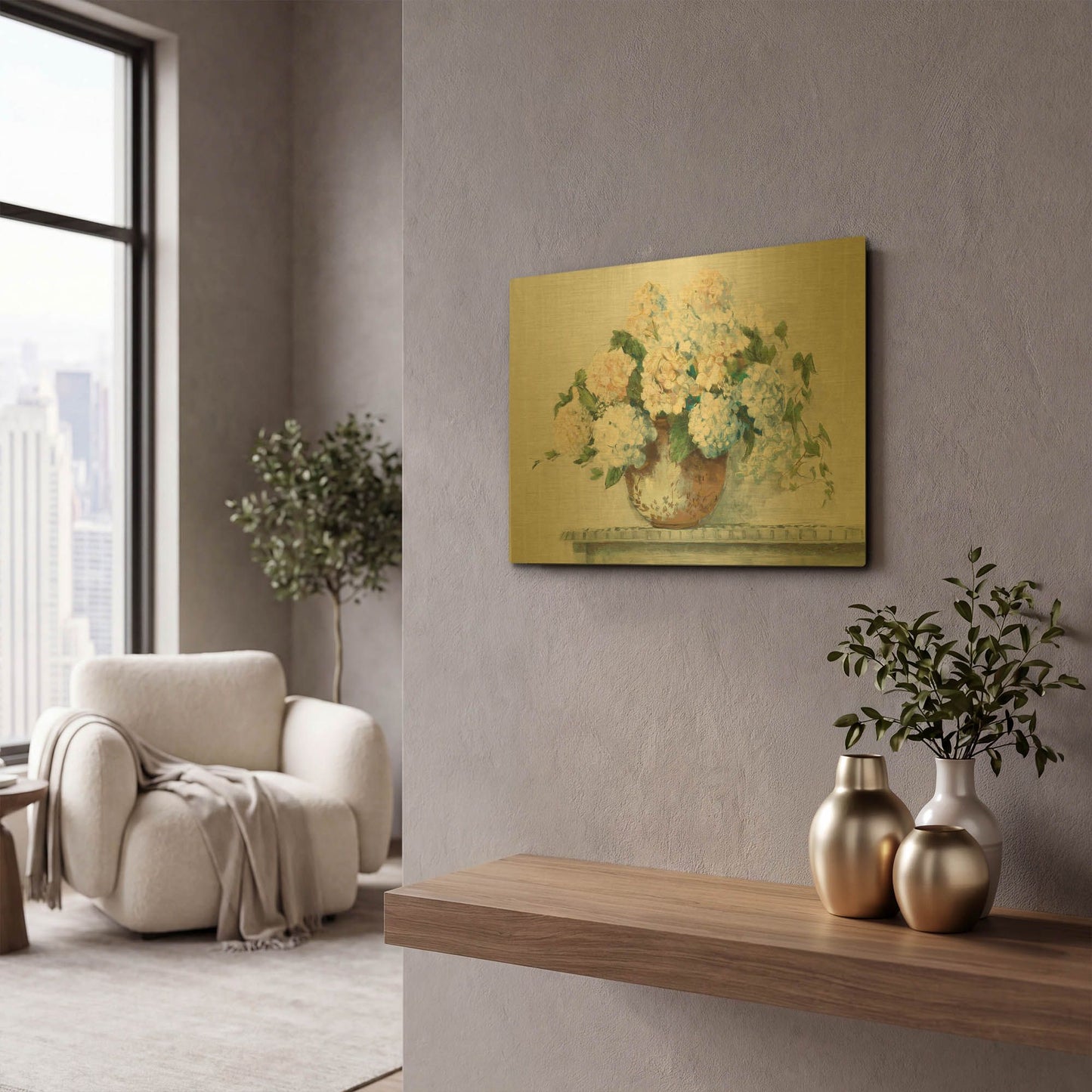 'White Hydrangea Cottage' By Carol Rowan Gold Metal Wall Art