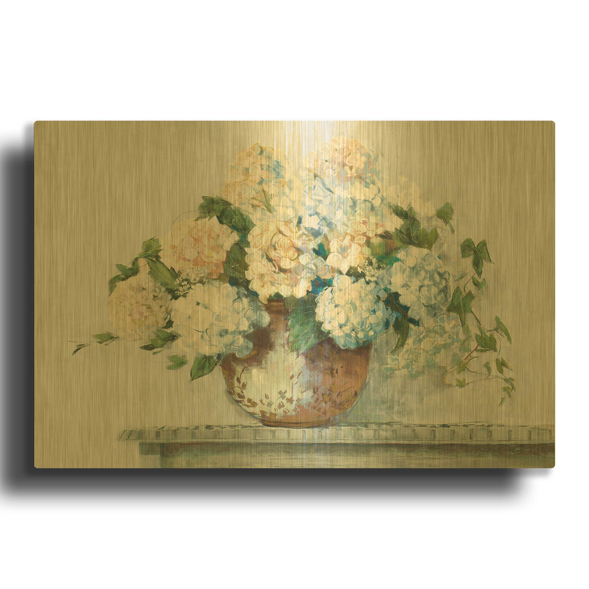 'White Hydrangea Cottage' By Carol Rowan Gold Metal Wall Art