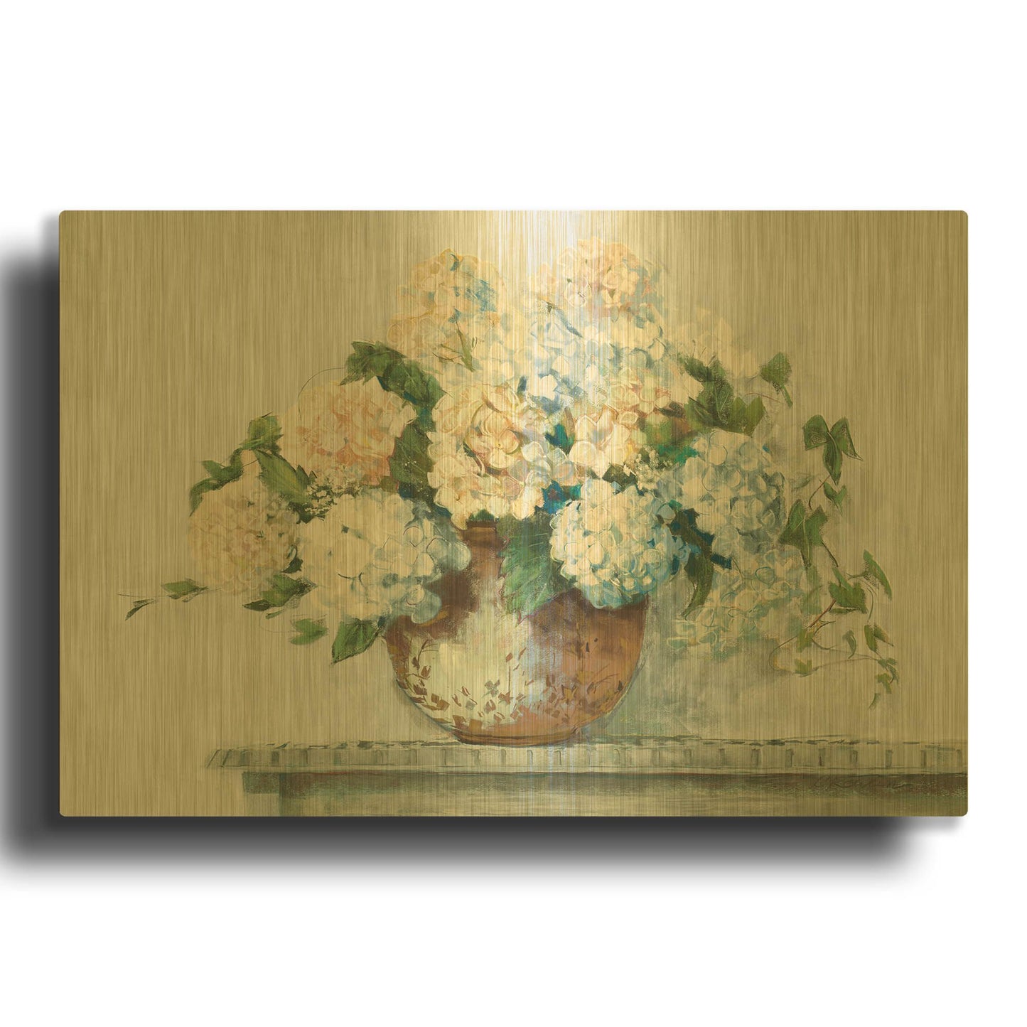 'White Hydrangea Cottage' By Carol Rowan Gold Metal Wall Art