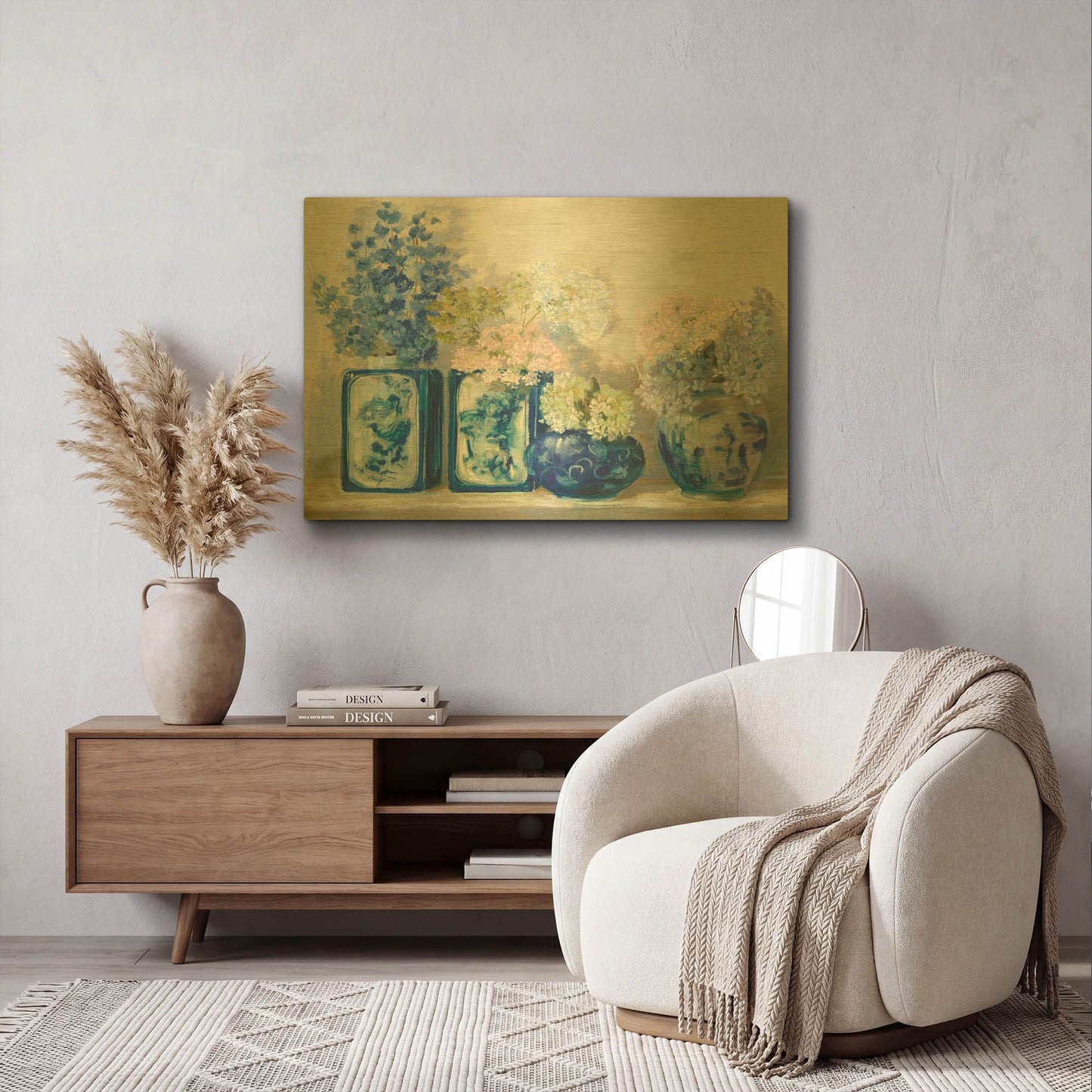 'Ladys Mantle On Shiplap Coral' By Carol Rowan Gold Metal Wall Art