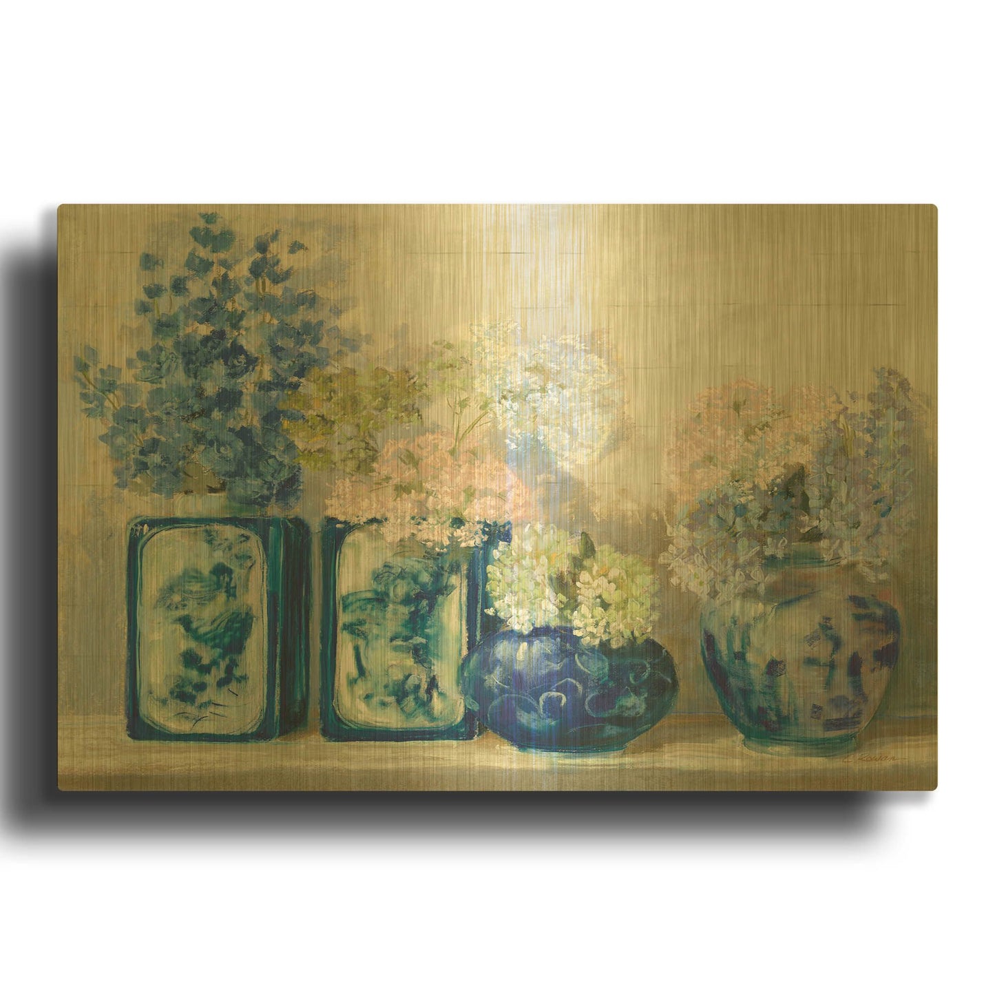 'Ladys Mantle On Shiplap Coral' By Carol Rowan Gold Metal Wall Art