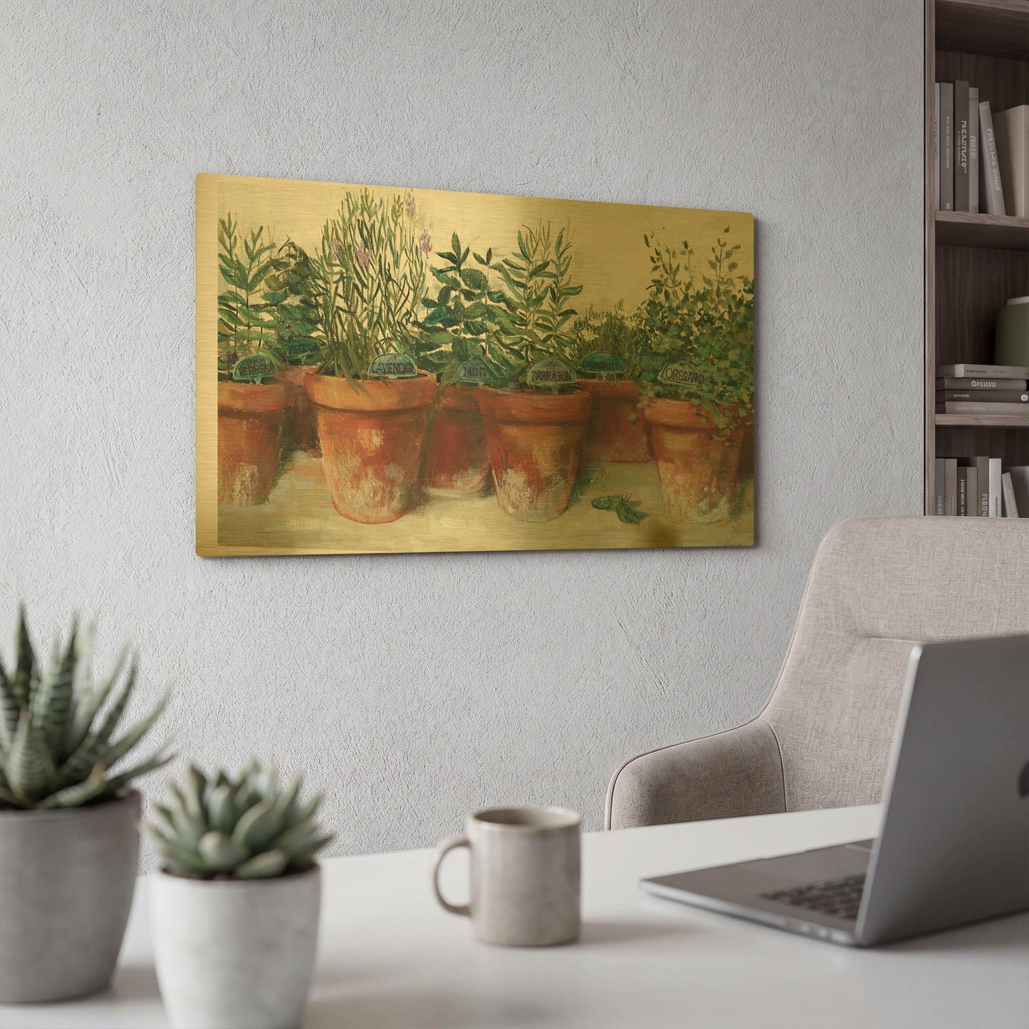 'Pots Of Herbs I White' By Carol Rowan Gold Metal Wall Art