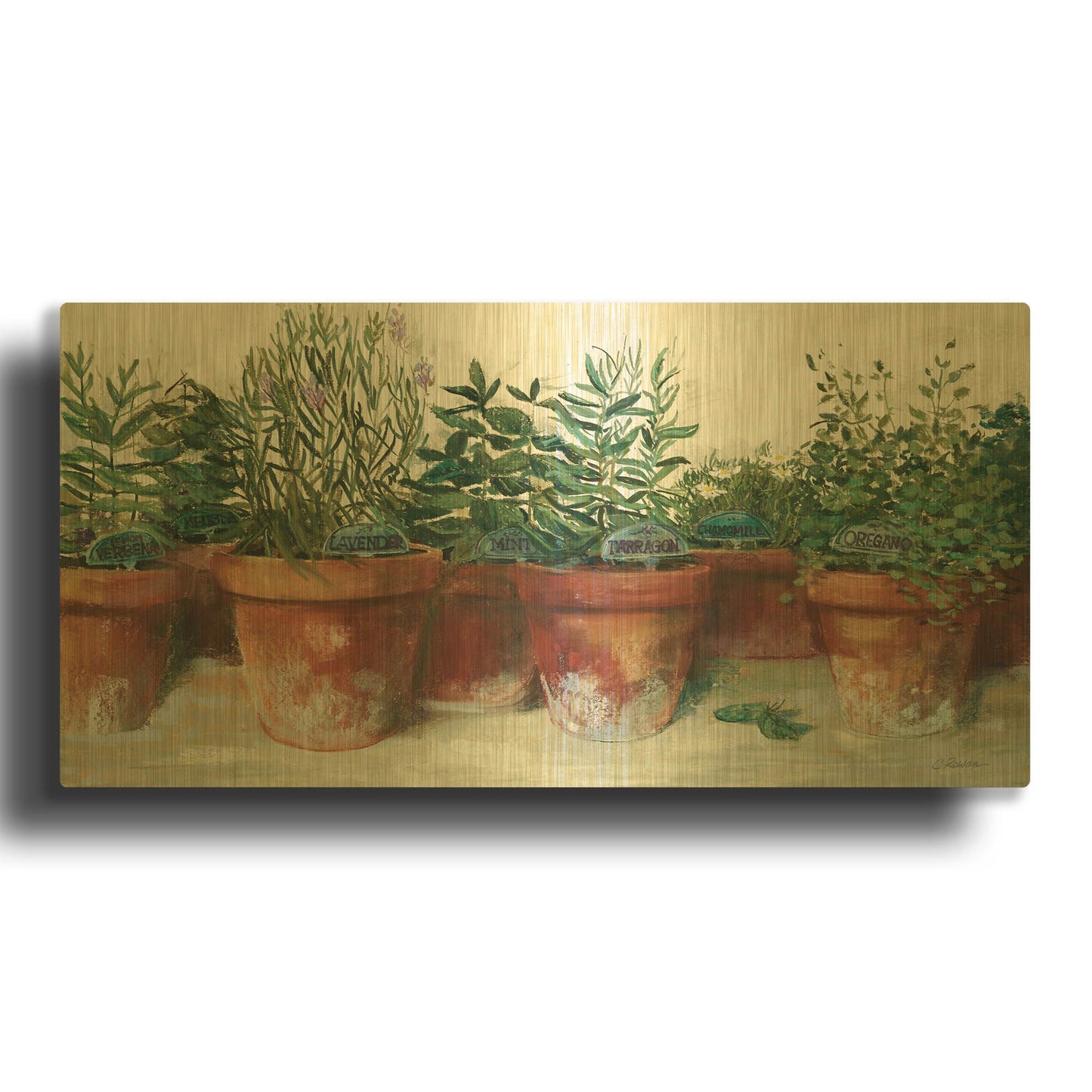 'Pots Of Herbs I White' By Carol Rowan Gold Metal Wall Art