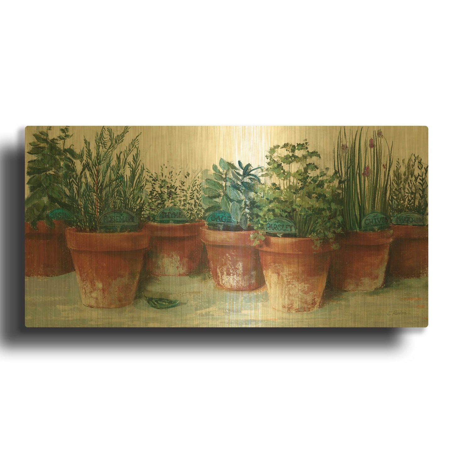 'Pots Of Herbs II White' By Carol Rowan Gold Metal Wall Art