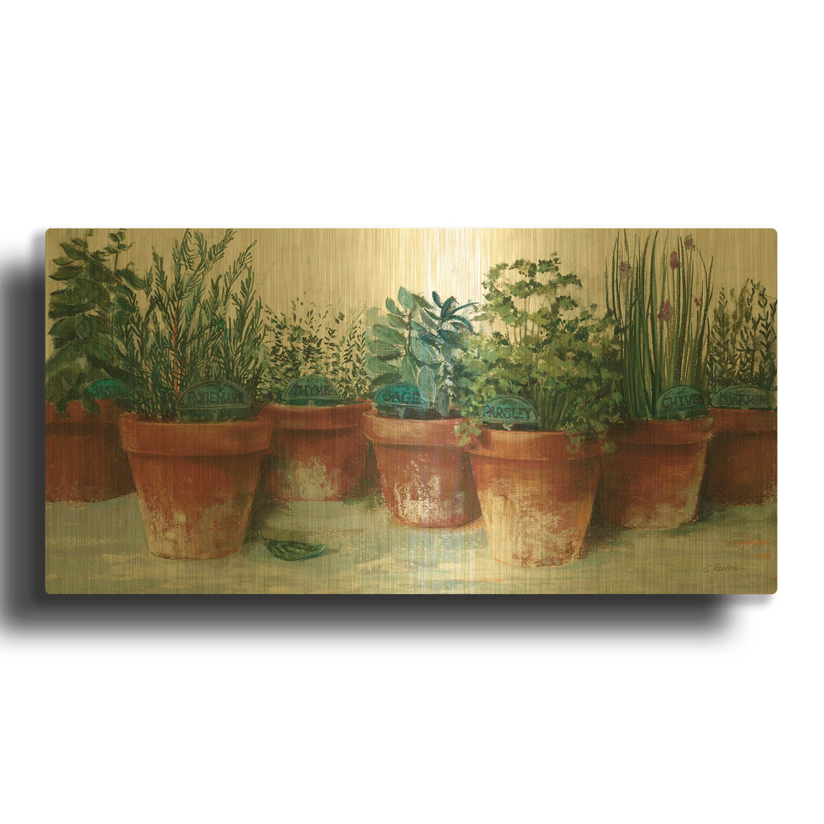 'Pots Of Herbs II White' By Carol Rowan Gold Metal Wall Art