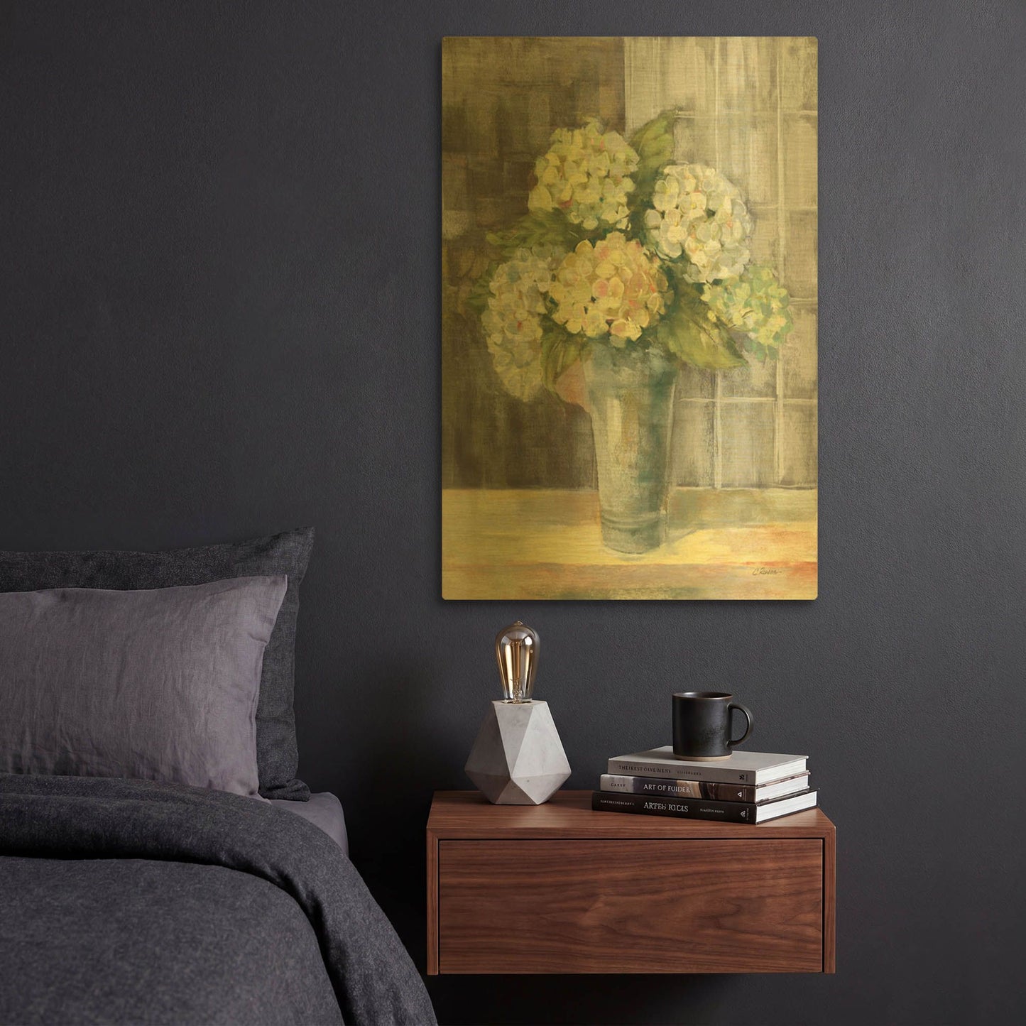 'Yellow Hydrangea Gray' By Carol Rowan Gold Metal Wall Art