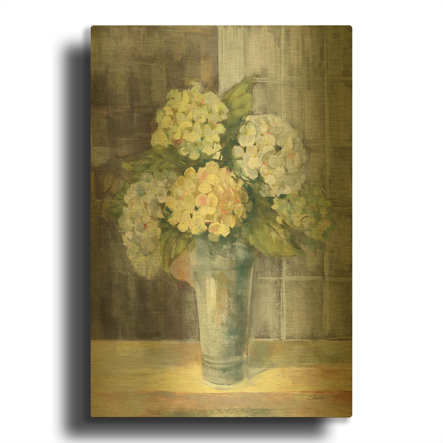 'Yellow Hydrangea Gray' By Carol Rowan Gold Metal Wall Art