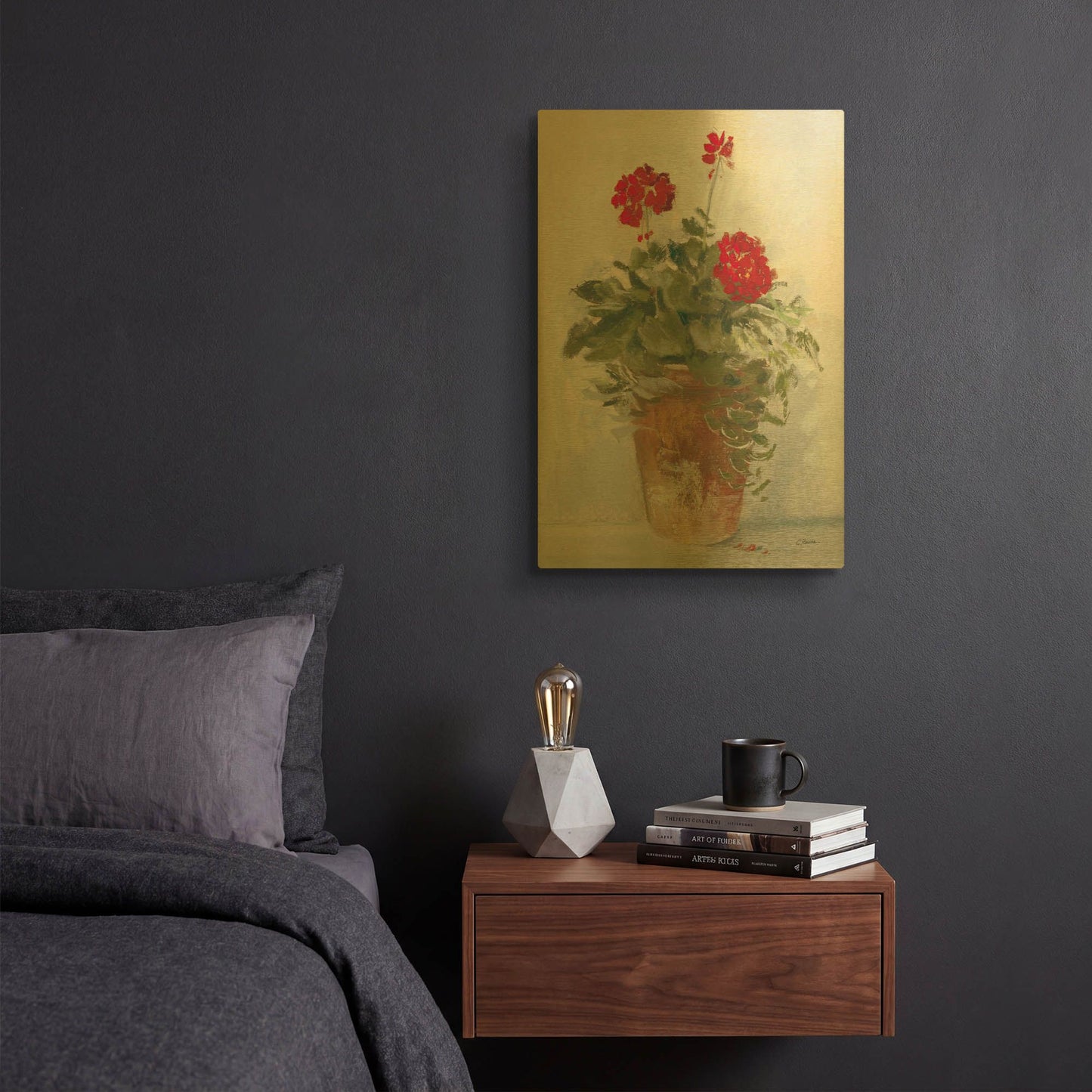 'Potted Geraniums II Light' By Carol Rowan Gold Metal Wall Art