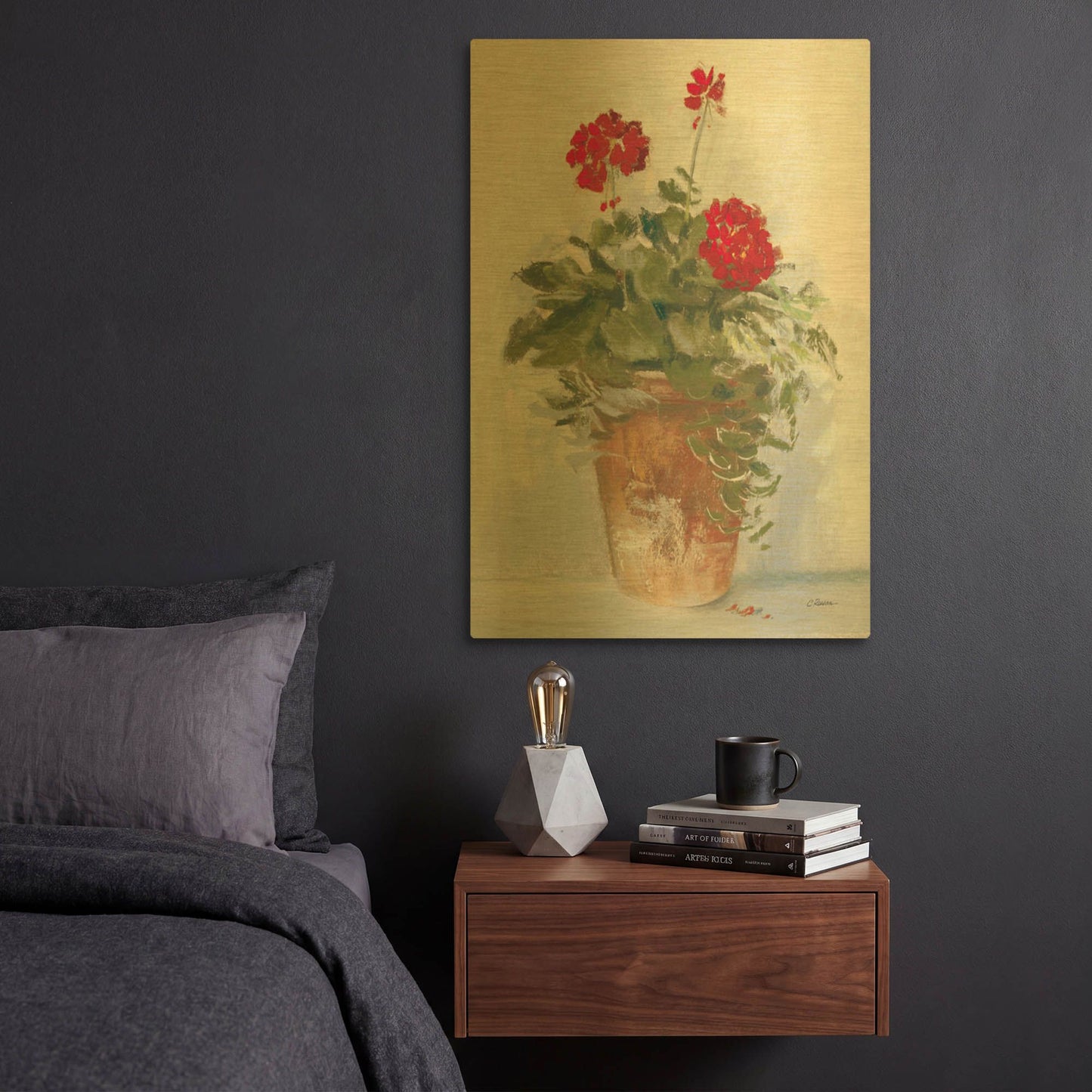 'Potted Geraniums II Light' By Carol Rowan Gold Metal Wall Art
