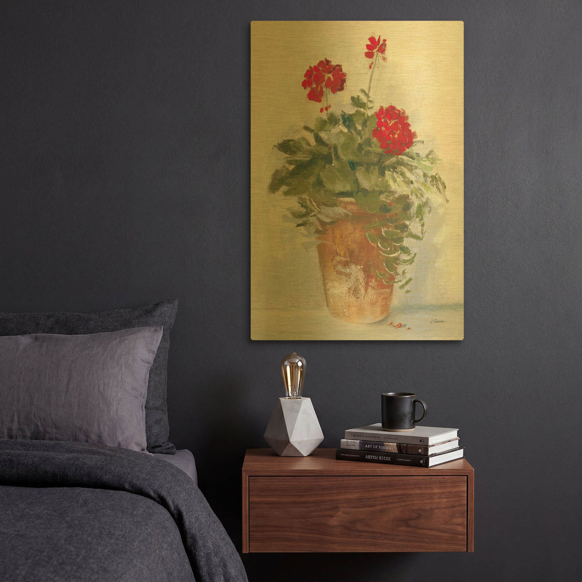 'Potted Geraniums II Light' By Carol Rowan Gold Metal Wall Art