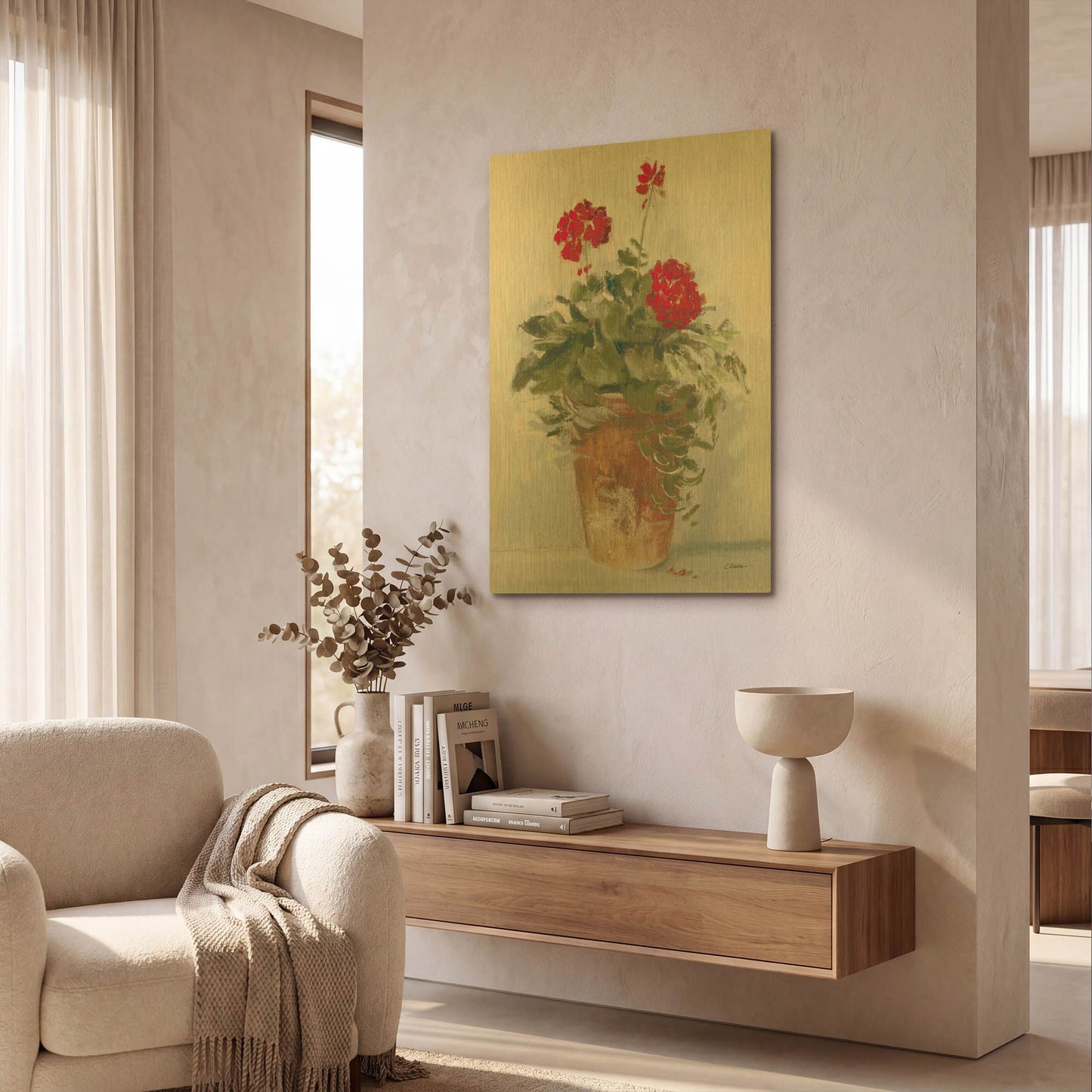 'Potted Geraniums II Light' By Carol Rowan Gold Metal Wall Art