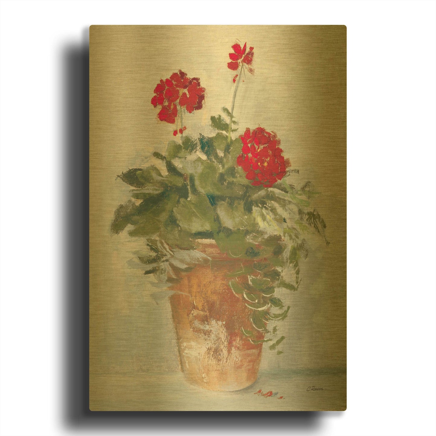 'Potted Geraniums II Light' By Carol Rowan Gold Metal Wall Art