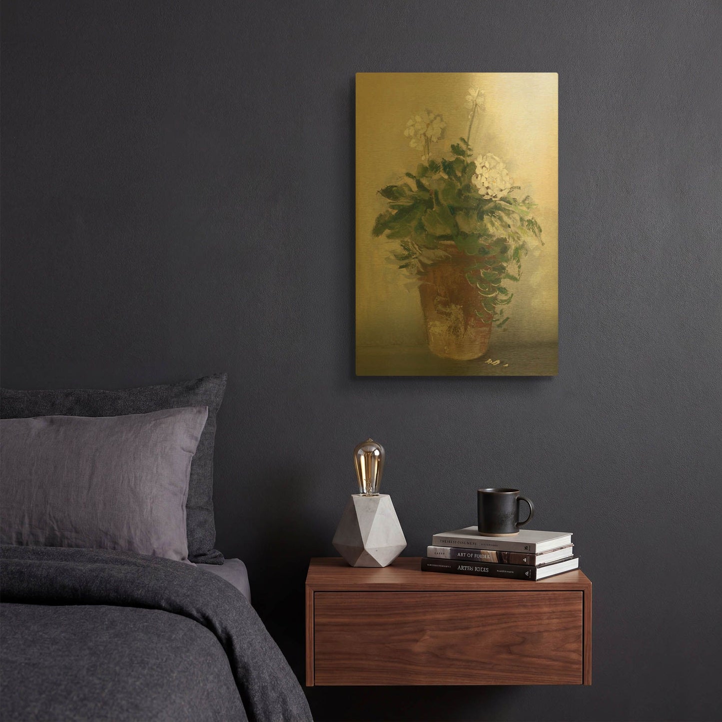 'Pot Of White Geraniums' By Carol Rowan Gold Metal Wall Art