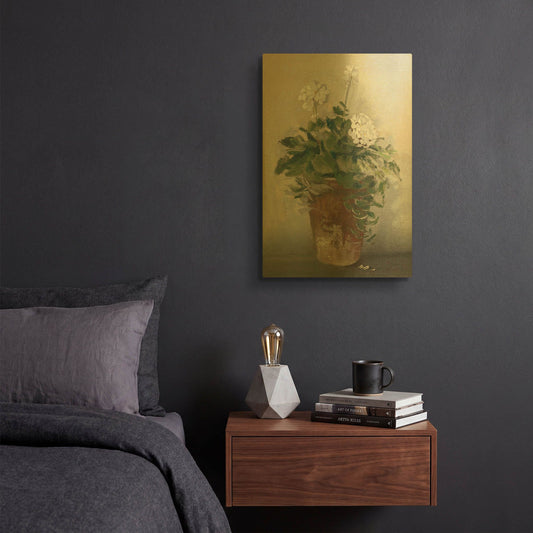 'Pot Of White Geraniums' By Carol Rowan Gold Metal Wall Art