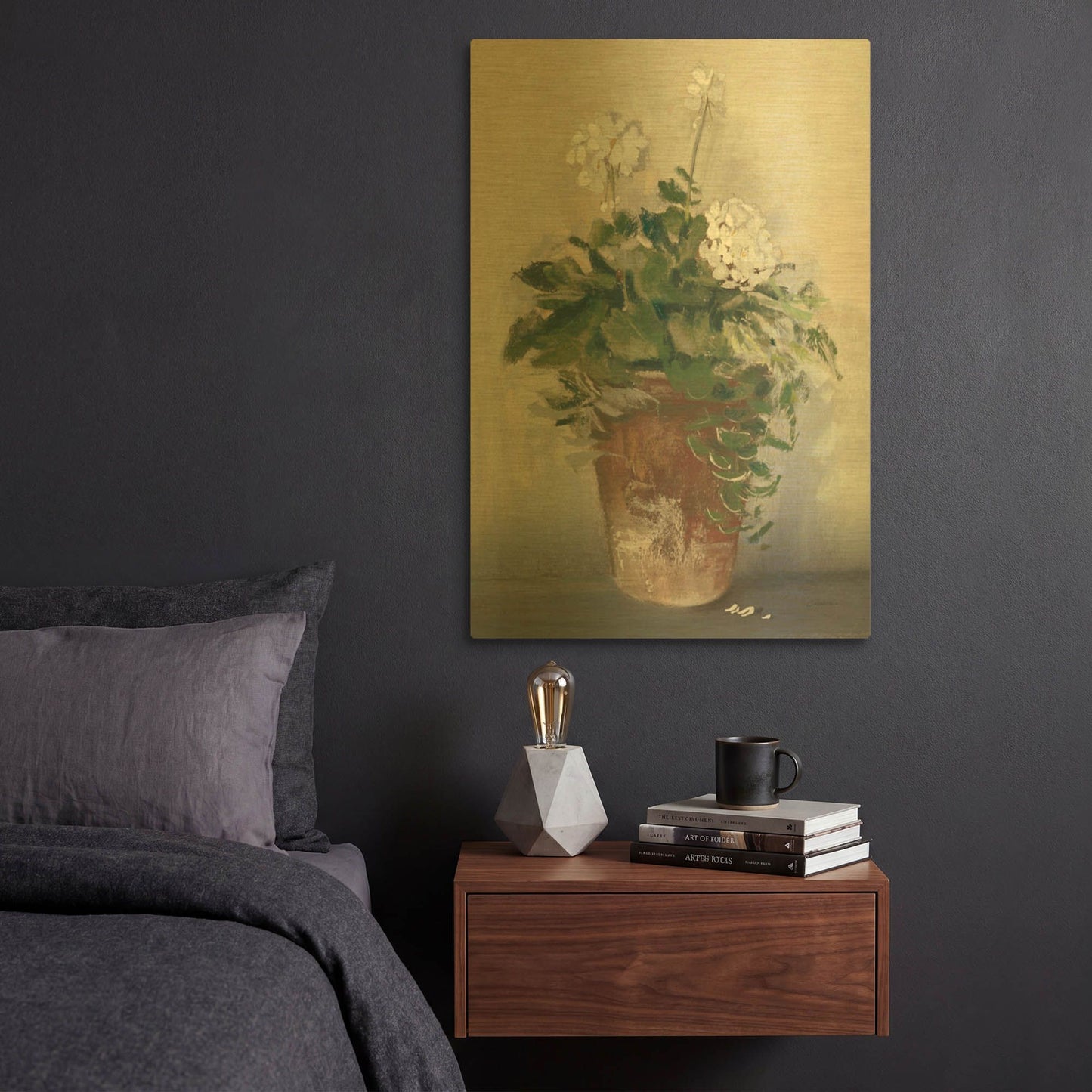 'Pot Of White Geraniums' By Carol Rowan Gold Metal Wall Art