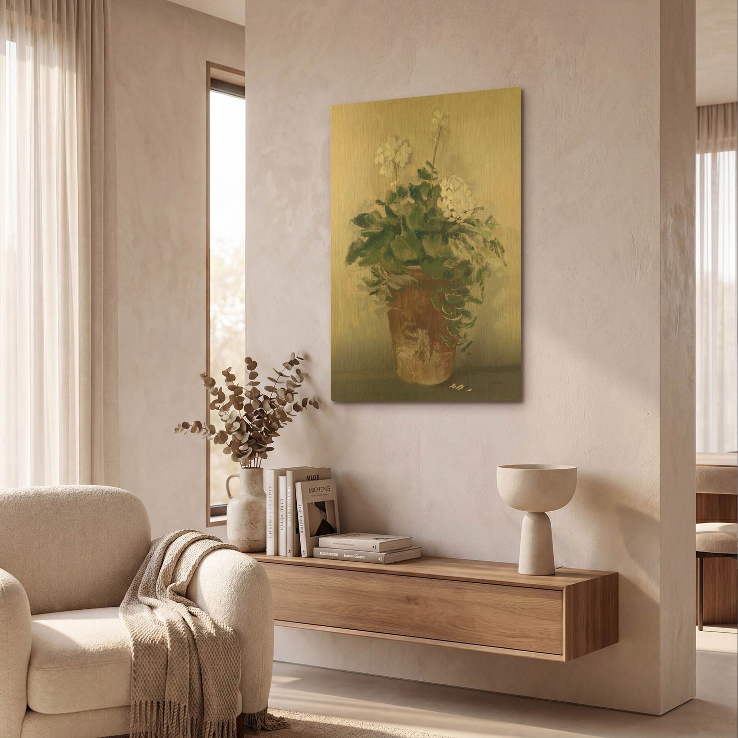'Pot Of White Geraniums' By Carol Rowan Gold Metal Wall Art