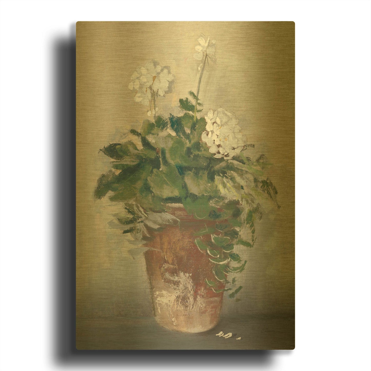 'Pot Of White Geraniums' By Carol Rowan Gold Metal Wall Art