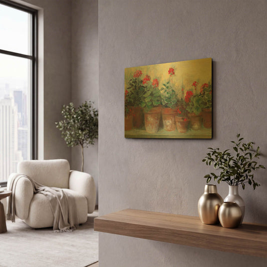 'Kathleens Geraniums' By Carol Rowan Gold Metal Wall Art